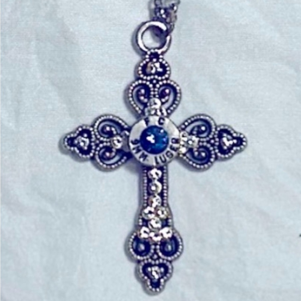 Silver Cross Pendant w/ Tanzanite Stone Mounted in 9 mm Bullet Casing